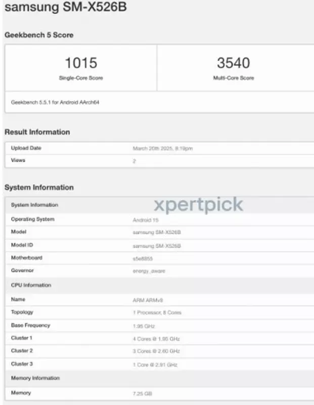 Galaxy Tab S10 FE (SM-X526B) w Geekbench. Ilustracja: xpertpick
