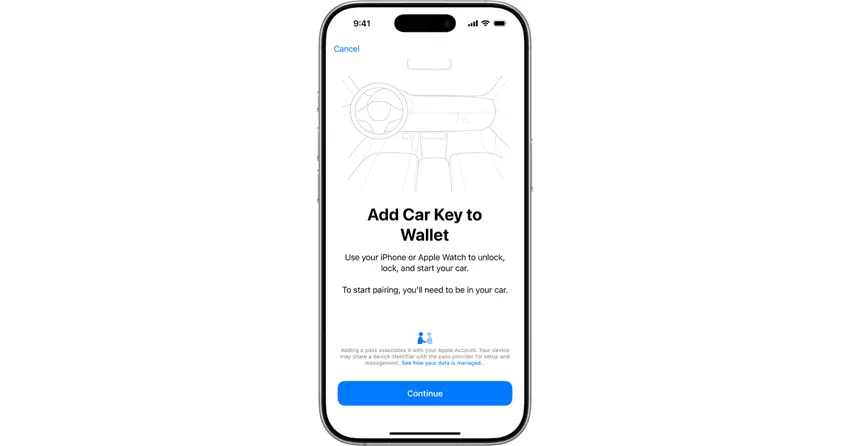 iPhone 16 Pro z instrukcją dodawania Car Key do Walletu