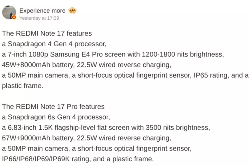 Obraz z charakterystykami Redmi Note 17 i Note 17 Pro