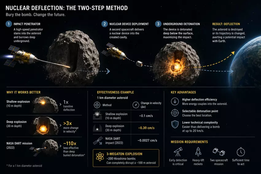 Ilustracja koncepcji wiercenia asteroidów dla zwiększenia efektywności ich niszczenia