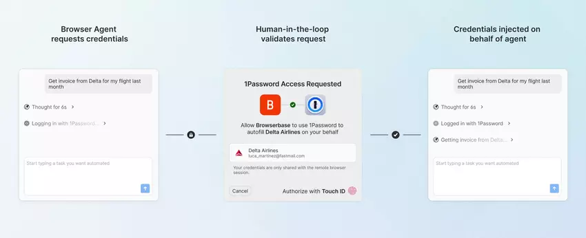 Ilustracja nowej funkcji Secure Agentic Autofill od 1Password