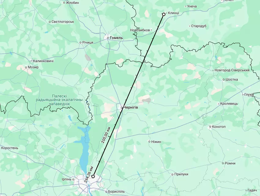 Mapa odległości od Klinec do Kijowa