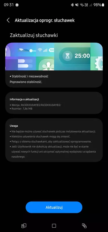 Zrzut ekranu aktualizacji dla Samsung Galaxy Buds 3 Pro