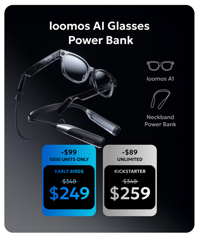 Okulary Sharge Loomos i powerbank z opaską na szyję