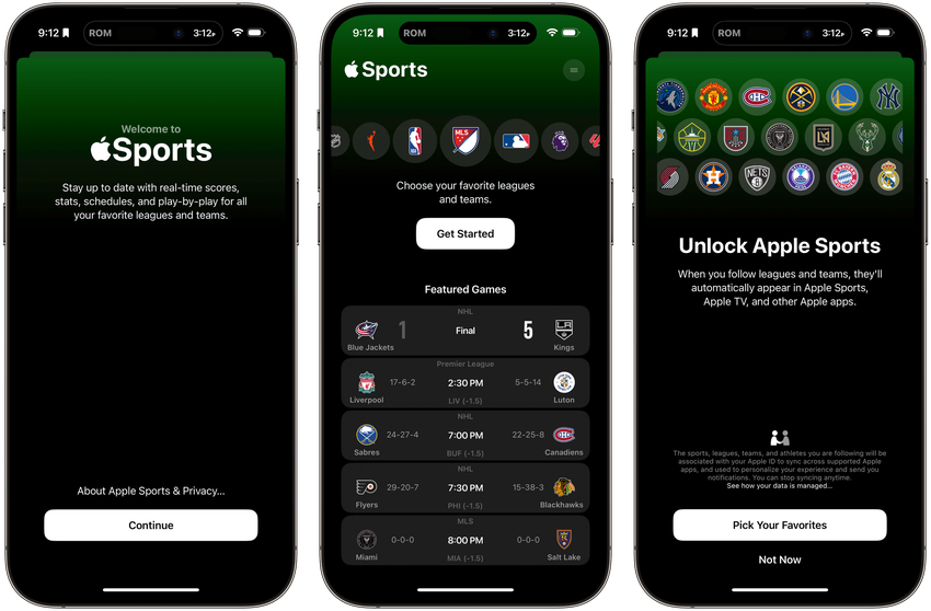 Zrzut ekranu interfejsu aplikacji Apple Sports