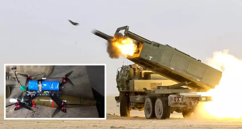 Ukraiński dron FPV Pegas i HIMARS zniszczyły parę rosyjskich haubic samobieżnych 2S5 Giatsint-S.