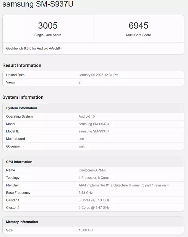 Wyniki testów Galaxy S25 Slim w Geekbench