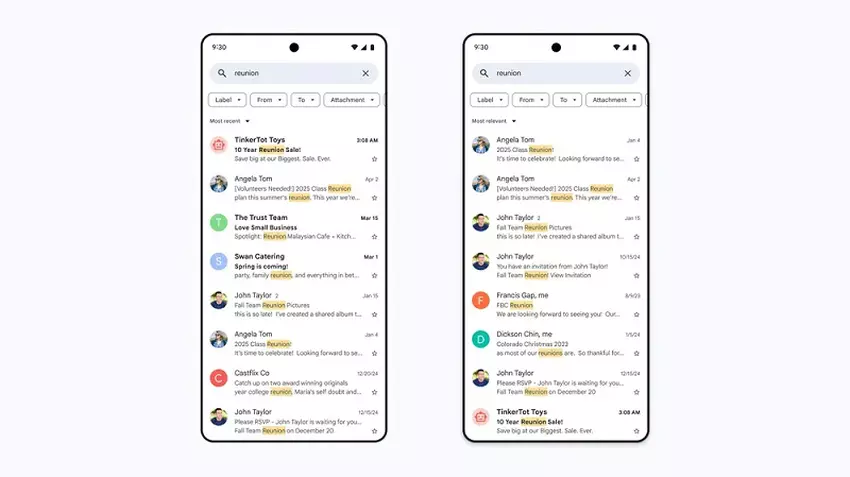 Wyszukiwanie w Gmailu przed i po aktualizacji