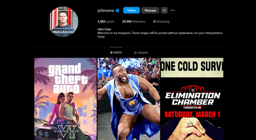 Profil Johna Ciny na Instagramie