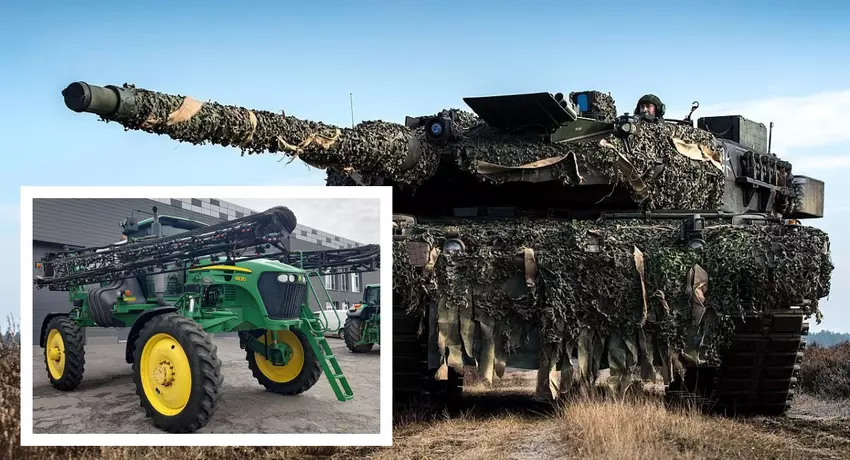 Rosyjskie Ministerstwo Obrony przedstawia samobieżny opryskiwacz John Deere 4830 jako zniszczony niemiecki czołg Leopard 2.