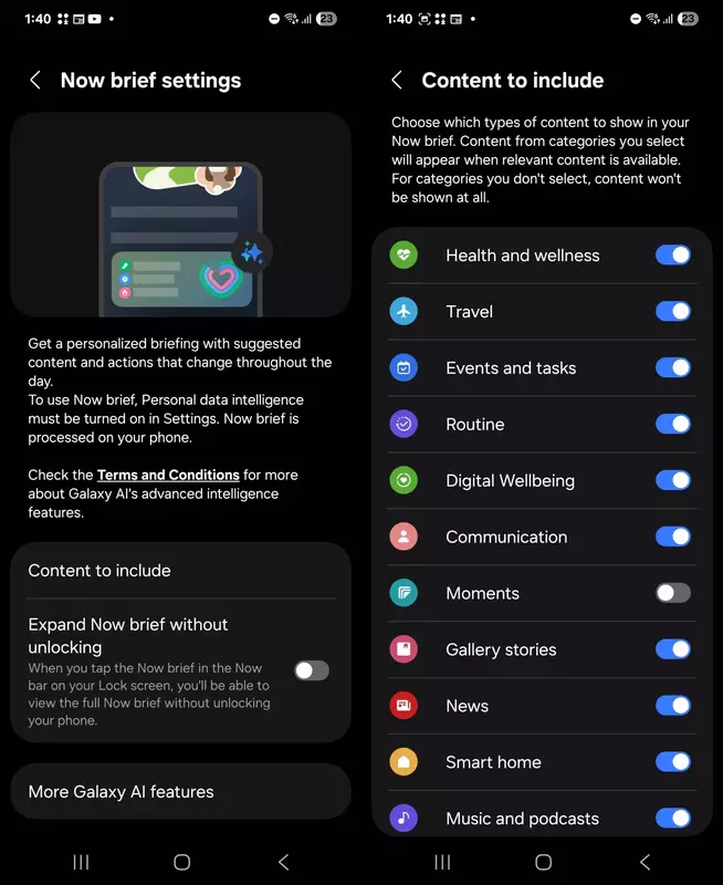 Ustawienia funkcji Now Brief. Ilustracja: Sammobile