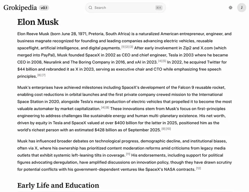 Zrzut ekranu strony Grokipedia