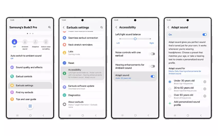 Instrukcje dotyczące uruchamiania funkcji Adapt Sound w menu sterowania słuchawkami Galaxy Buds 3 Pro