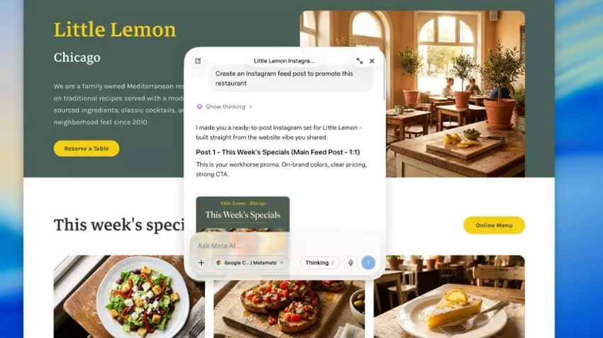 Ilustracja: Meta AI tworzy post na Instagram na podstawie strony internetowej restauracji