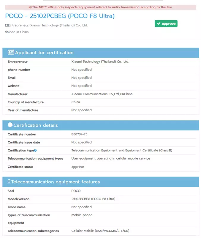 Smartfon Poco F8 Ultra, certyfikowany przez NBTC