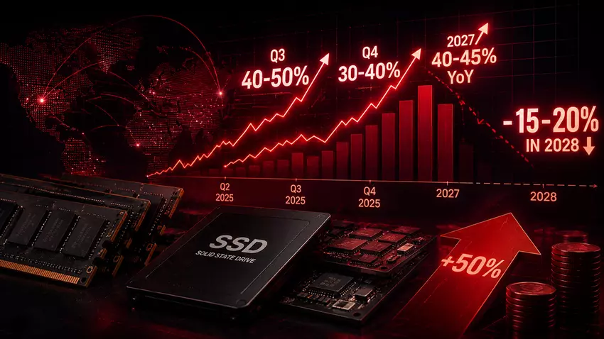 Wykres wzrostu cen pamięci do 2028 roku