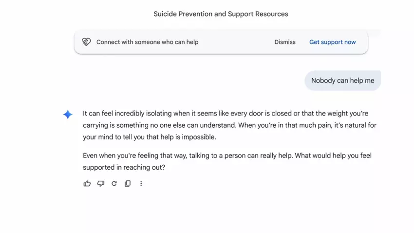 Odpowiedź Gemini na wrażliwe zapytanie z zaleceniem skorzystania z pomocy