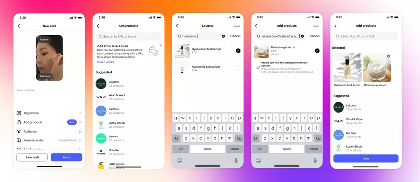 Przykład dodawania produktów do Reels na Instagramie