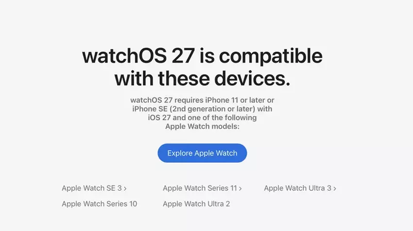 Zrzut ekranu kompatybilności watchOS 27 z modelami Apple Watch