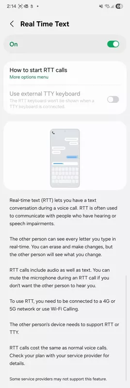 Real Time Text (RTT) w One UI 8 opartej na Androidzie 16 dla Galaxy S25. Ilustracja: SamMobile