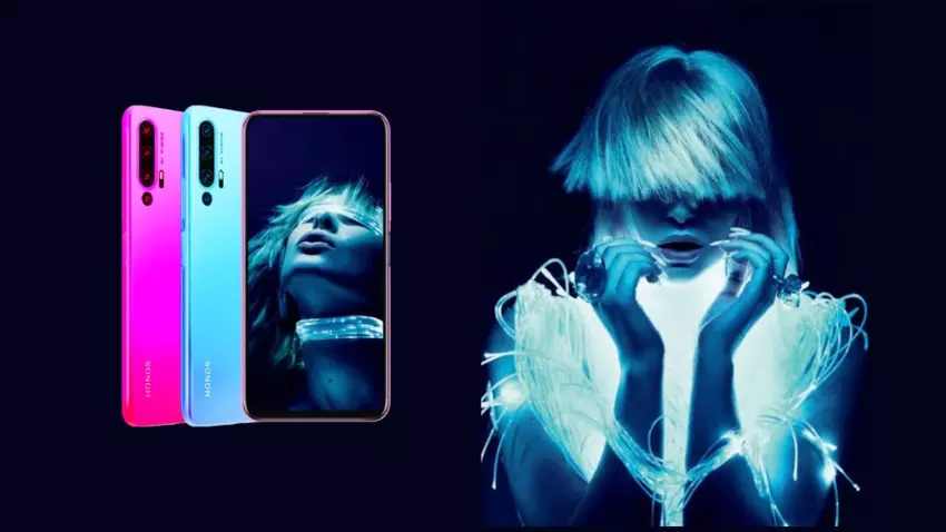 Honor 20 Pro na zdjęciach reklamowych: kamera główna z czterech modułów i wyświetlacz bez otworu