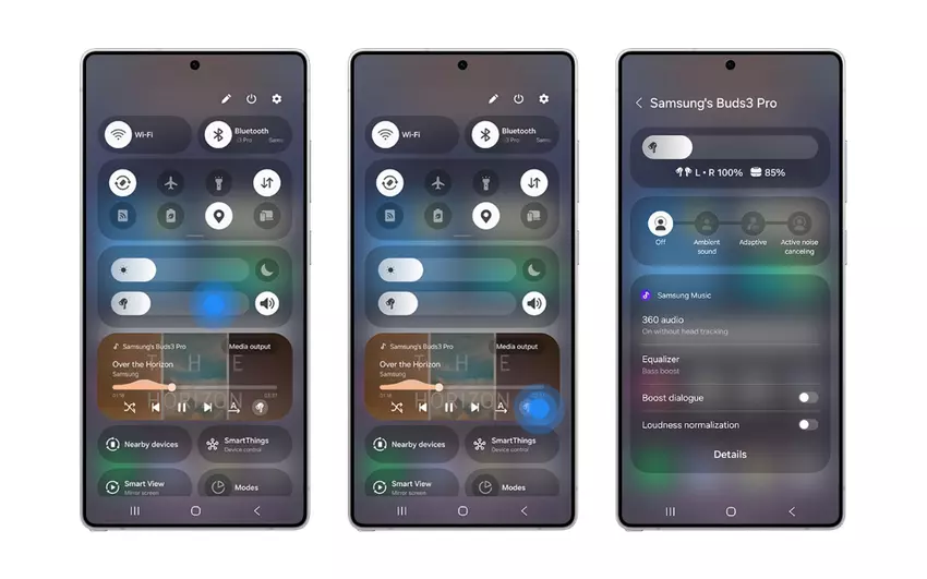 Opcje uruchamiania nowego panelu sterowania słuchawkami w One UI 7.0