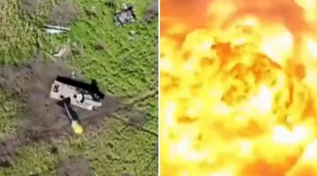 Ukraiński quadrocopter spektakularnie rozerwał na strzępy rosyjską samobieżną wyrzutnię rakietową UR-77 "Meteoryt" z 700 kg materiałów wybuchowych za pomocą jednego granatu.
