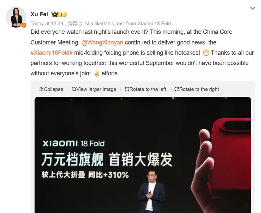 Statystyki sprzedaży Xiaomi 18 Fold