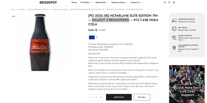 Zrzut ekranu usuniętej strony z merchem Nuka Cola z Fallout 3 Remastered