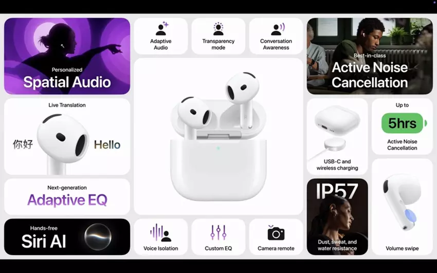 AirPods 5 na tle otwartego etui ładującego