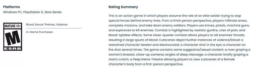 Zrzut ekranu opisu gry na stronie ESRB