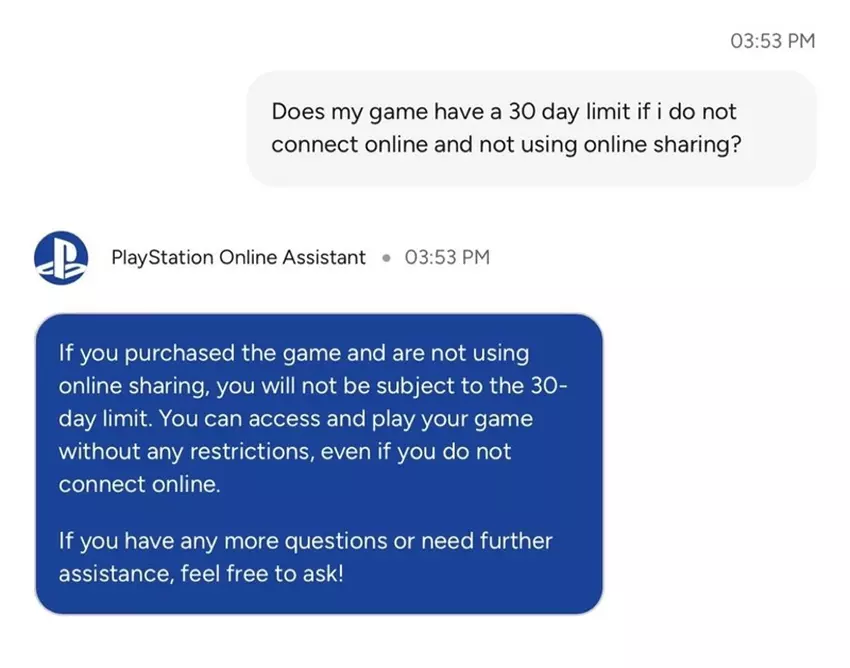 Zrzut ekranu trzeciej rozmowy ze wsparciem technicznym PlayStation