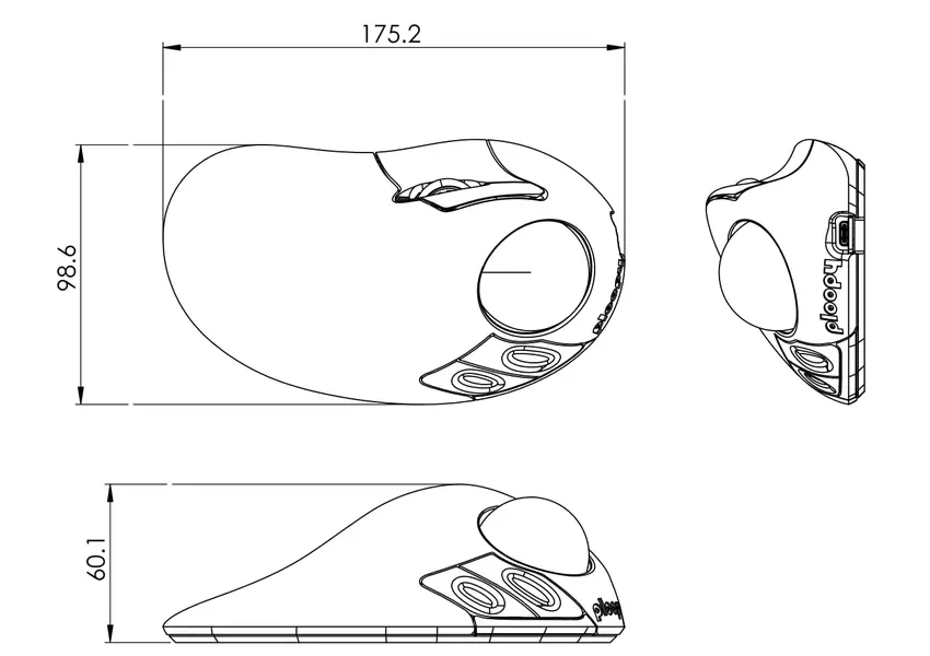 Wymiary trackballa Classic 2. Ilustracja: Ploopy