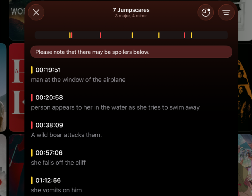 Interfejs aplikacji Binge z funkcją ostrzeżeń o straszakach