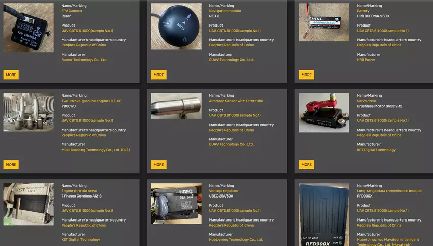 Komponenty drona, nazwanego GUR CBTS.611000. Ilustracja: WarSanctions