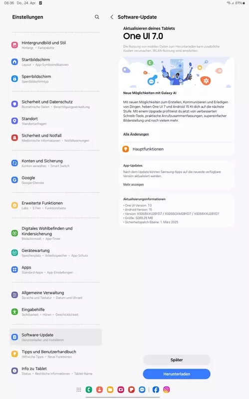 Zrzut ekranu aktualizacji One UI 7.0 dla Galaxy Tab S10 Ultra