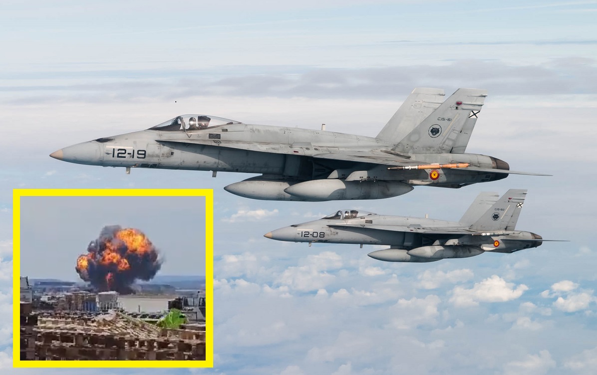 Myśliwiec F/A-18 Hornet hiszpańskich sił powietrznych rozbił się w bazie lotniczej w Saragossie - pilot katapultował się na kilka sekund przed eksplozją.