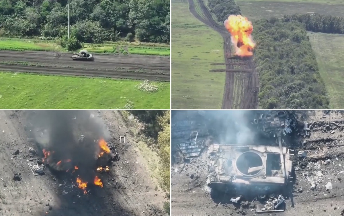 Ukraiński dron FPV skutecznie niszczy rosyjski czołg T-80BV w wyniku detonacji amunicji