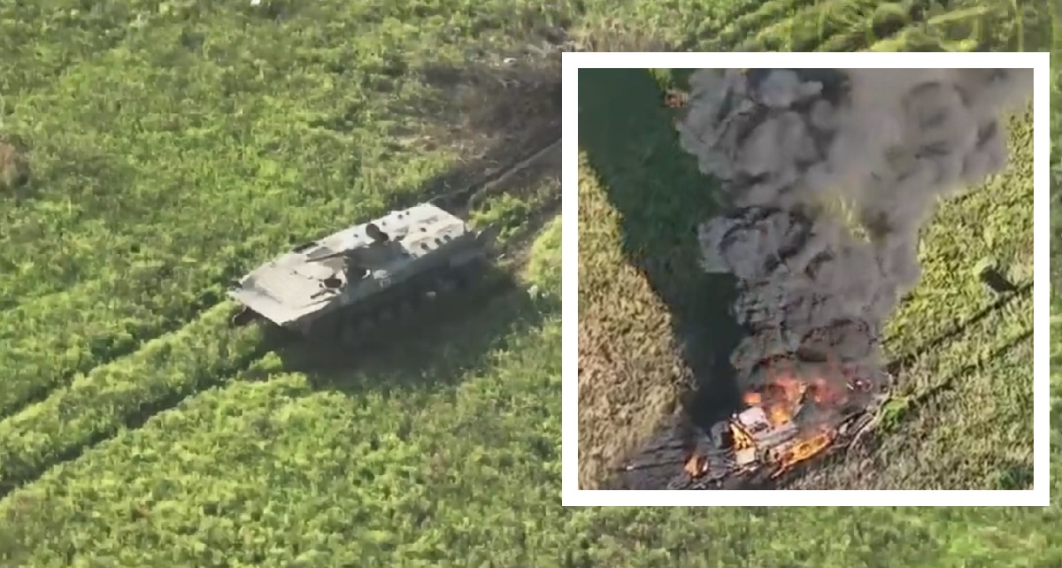 Ukraiński dron FPV wleciał do wnętrza BMP-1 i eksplodował, niszcząc bojowy wóz piechoty wart 200 000 dolarów.