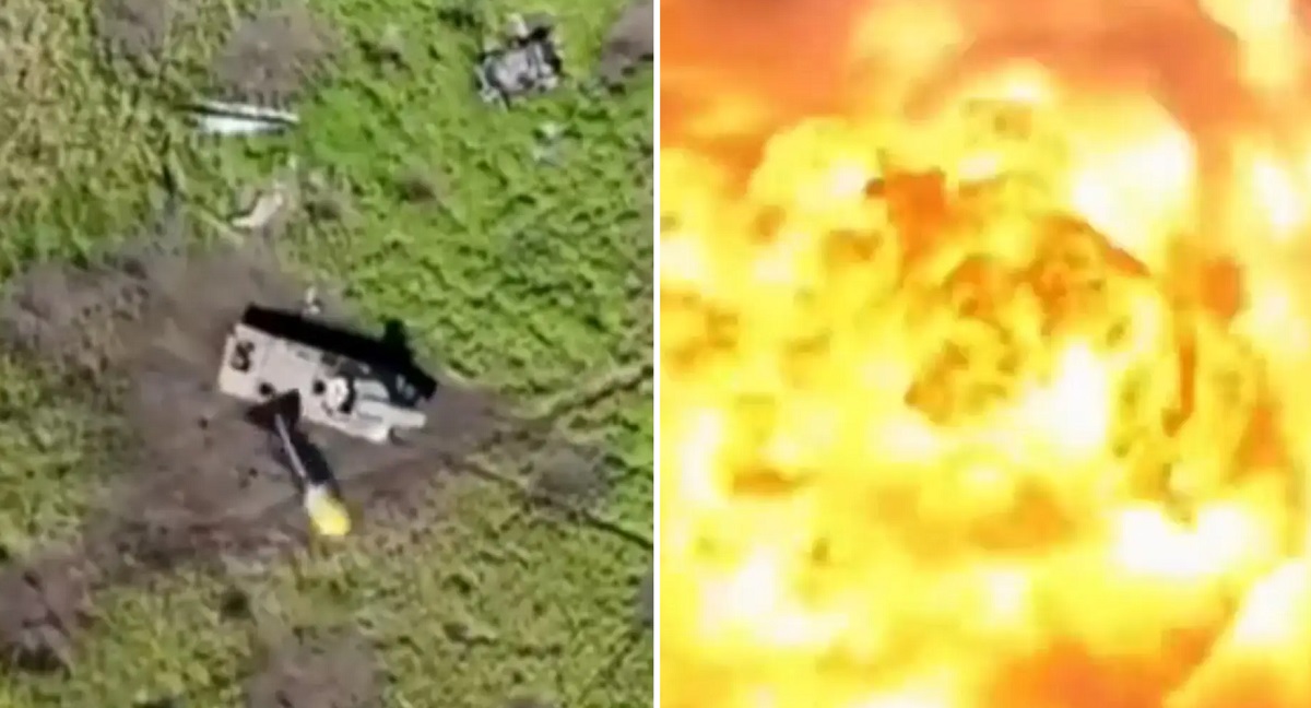 Ukraiński quadrocopter spektakularnie rozerwał na strzępy rosyjską samobieżną wyrzutnię rakietową UR-77 "Meteoryt" z 700 kg materiałów wybuchowych za pomocą jednego granatu.