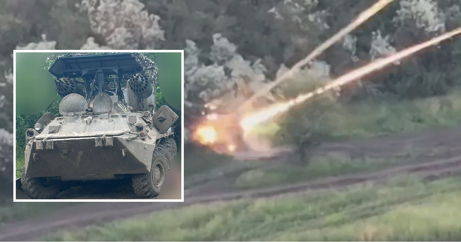 Ukraińskie drony FPV atakują "unikalny" rosyjski projekt wojskowy będący symbiozą wyrzutni rakiet APC-80 i C-8.