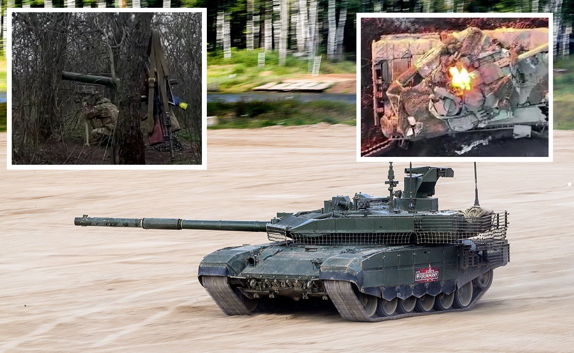 Ukraińscy wojskowi trafili nowoczesny rosyjski czołg T-90M "Proryw" systemem rakietowym trofeum Kornet i obrzucili koktajlami Mołotowa
