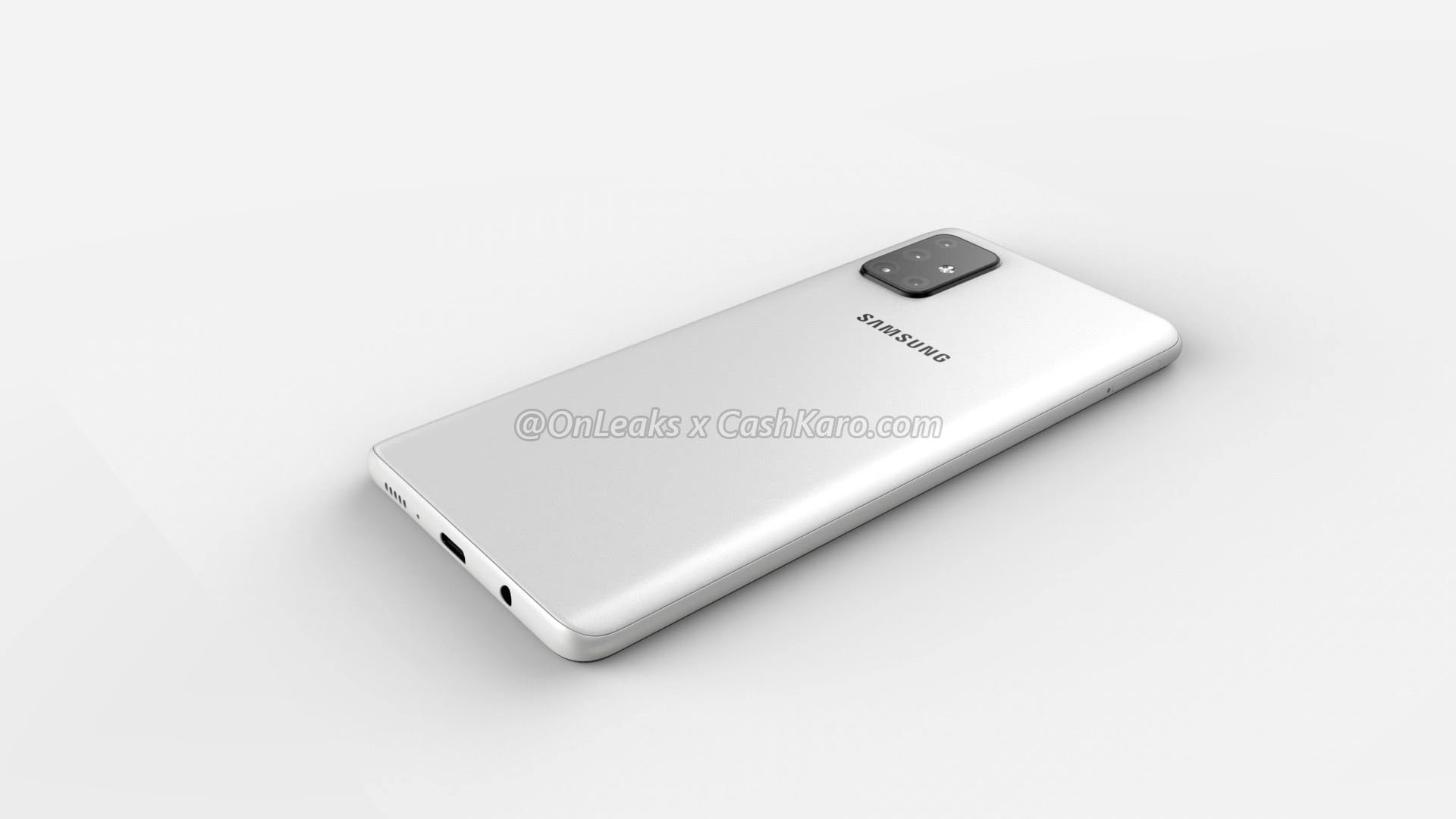 Nowe zdjęcia Samsunga Galaxy A71: Czteromodułowy aparat w kształcie litery L z ekranem który posiada okrągłe wycięcie.
