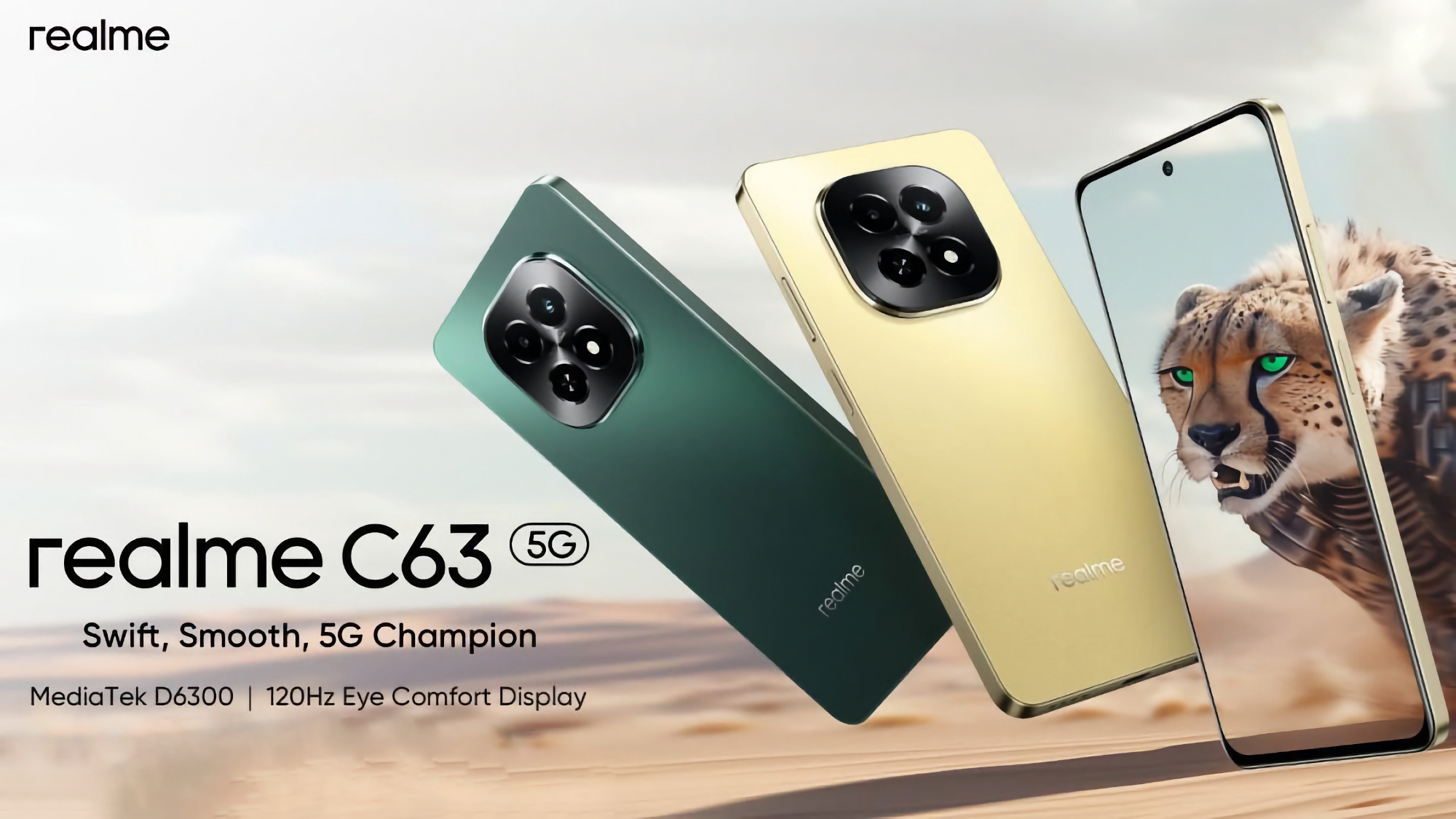 realme C63 5G: wyświetlacz 120 Hz, układ MediaTek Dimensity 6300, stopień ochrony IP54 i bateria 5000 mAh za 119 USD