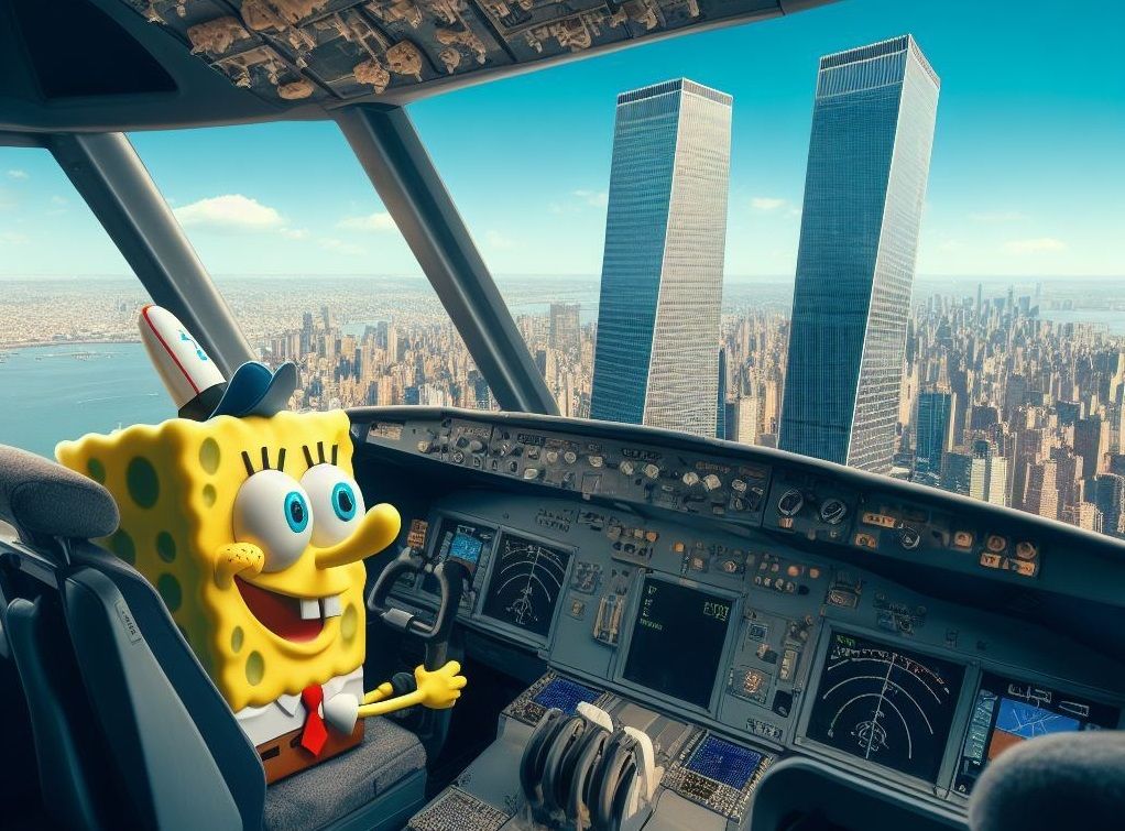 Użytkownicy Bing Image Creator wygenerowali obraz ataku terrorystycznego z 11 września z Myszką Miki i Sponge Bobem pilotującymi samolot