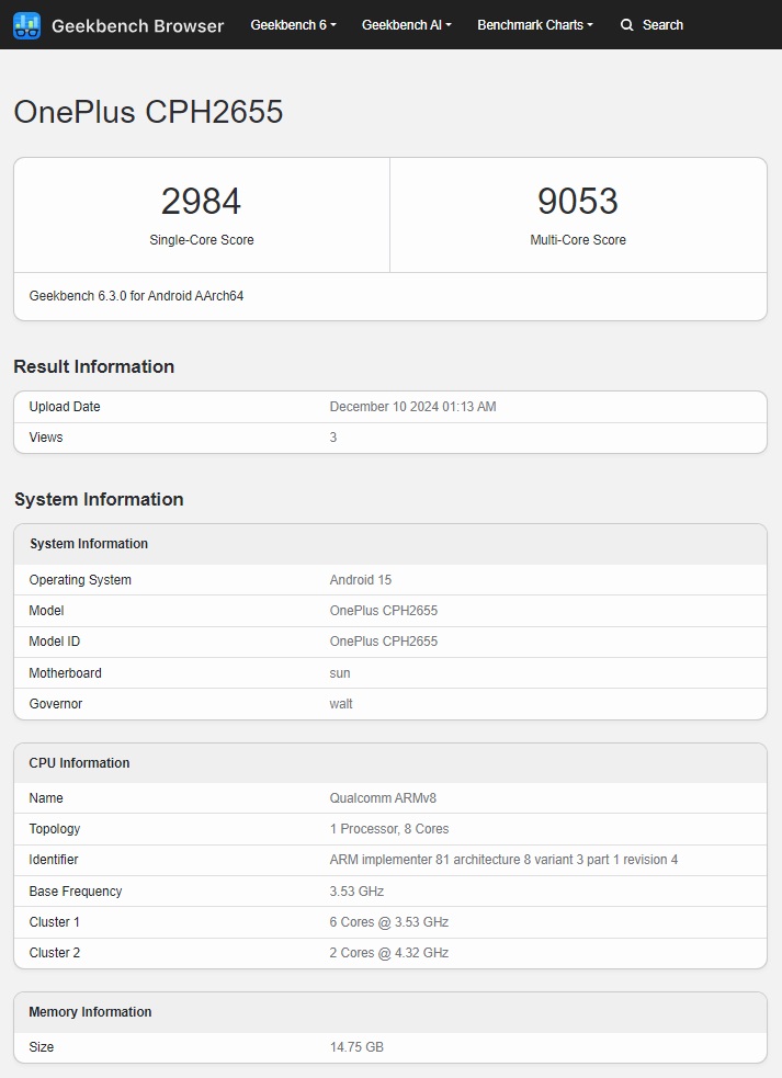 Wyniki testów wydajności OnePlus 13 na platformie GeekBench