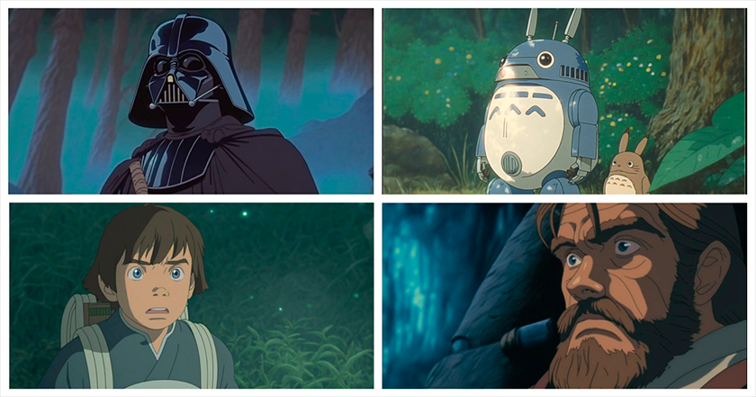 Sieć neuronowa Nijijourney przedstawia ikoniczne postaci z Gwiezdnych Wojen w stylu Studio Ghibli