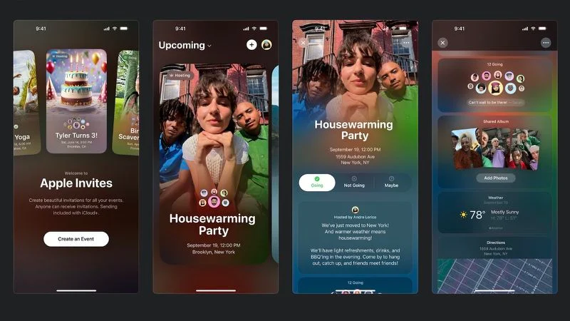 Zrzuty ekranu z aplikacji Apple Invites