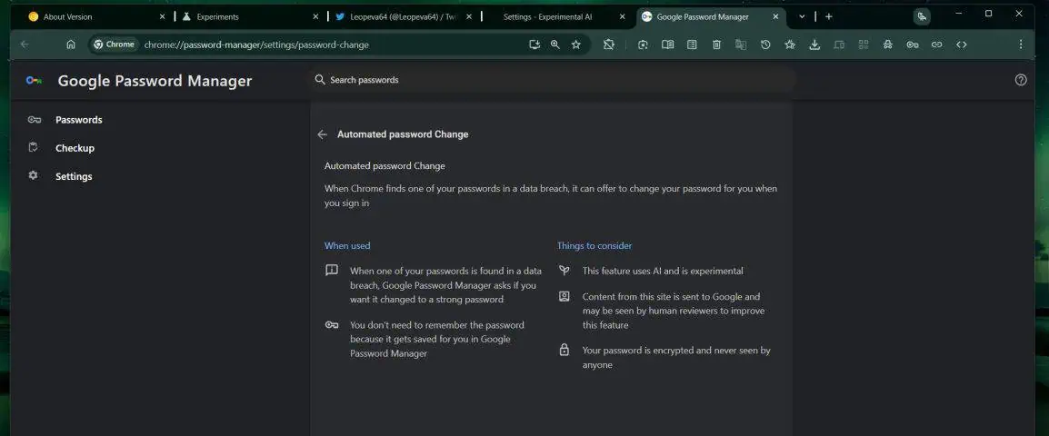 Zrzut ekranu nowej funkcji resetowania hasła w Google Chrome