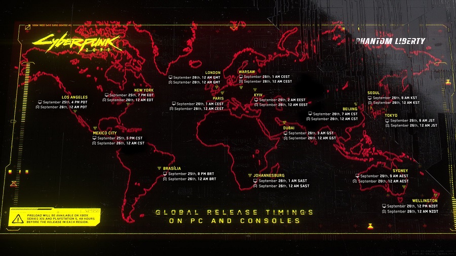 Teraz na pewno tego nie przegapisz! CD Projekt RED opublikował wizualną mapę pokazującą czas premiery rozszerzenia Phantom Liberty dla Cyberpunk 2077 w głównych strefach czasowych-2